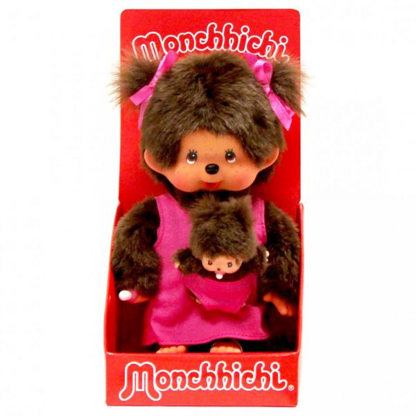 בובת מונצ'יצ'י אמא ותינוק עם מנשא ורוד 20 ס"מ